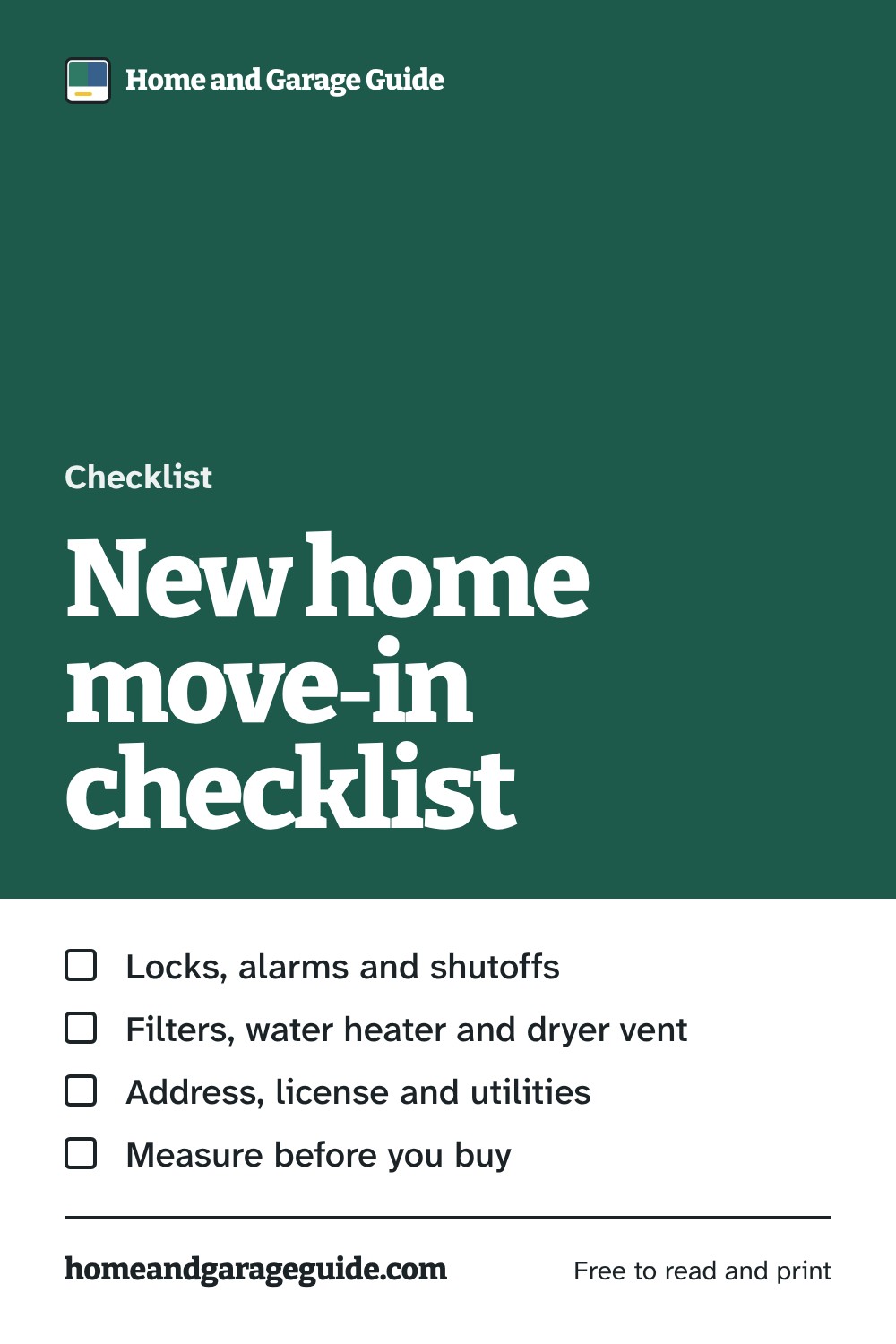 New home move-in checklist: the first week, a guide from Home and Garage Guide